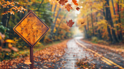 Poster - A yellow sign is on a road with leaves falling around it