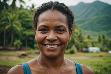 Wall Mural - Close portrait of a smiling 40s Solomon Islander woman looking at the camera, Solomon Islander outdoors blurred background