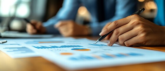 Wall Mural - A close-up of hands analyzing charts and reports, indicating a focus on data analysis and decision-making in a business environment.