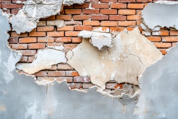 Wall Mural - Collapsed wall with exposed bricks. Broken plastered brick wall. Broken wall with exposed bricks - generative ai