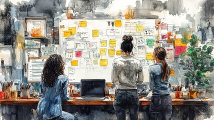 Wall Mural - Three individuals collaborate at a creative workspace, analyzing ideas on a wall covered in sticky notes, surrounded by plants and a laptop.