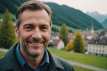 Wall Mural - Close portrait of a smiling 40s Swiss man looking at the camera, Swiss outdoors blurred background