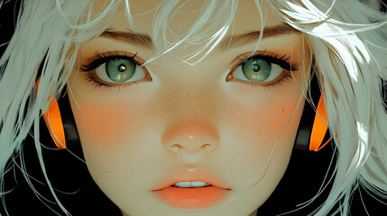 Wall Mural - Digital Art: Blonde Hair, Green Eyes, and Orange Headphones