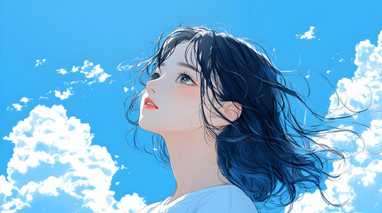 Sticker - Anime Girl Looking Up at the Sky with Clouds