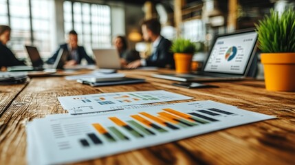 Wall Mural - A modern meeting space featuring graphs and charts on a wooden table, with laptops and potted plants in a bright, collaborative environment.