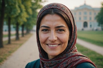 Wall Mural - Close portrait of a smiling 40s Turkmen woman looking at the camera, Turkmen outdoors blurred background