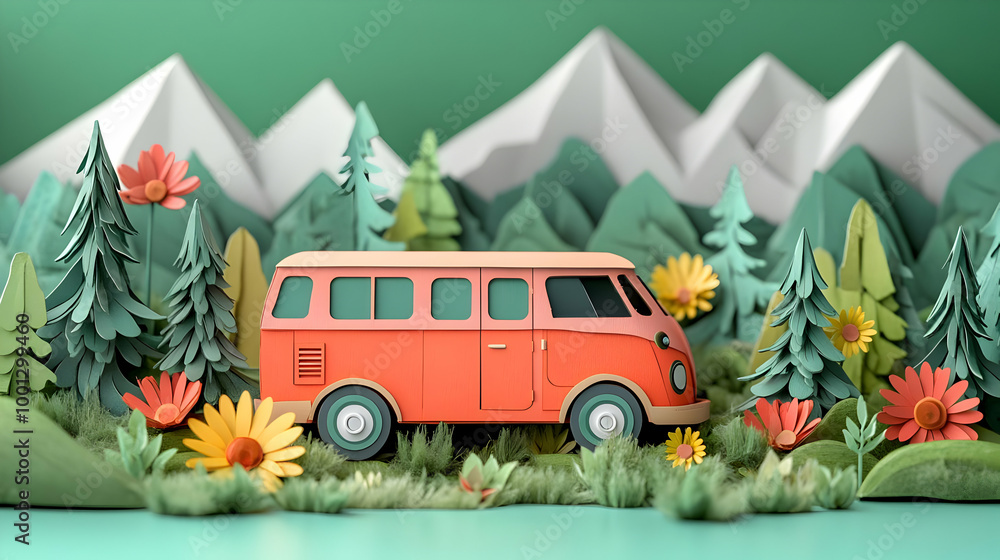 Papercraft Van Driving Through a Papercraft Mountain Landscape Stock ...