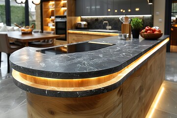 A kitchen with a marble countertop and a wooden island