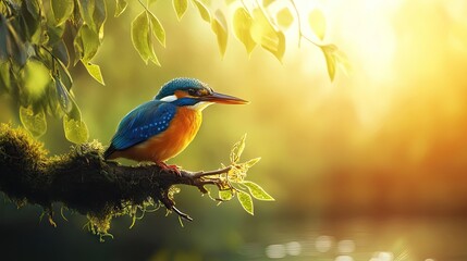 Male Common Kingfisher bird, its vibrant blue and orange plumage glowing in the sunlight,