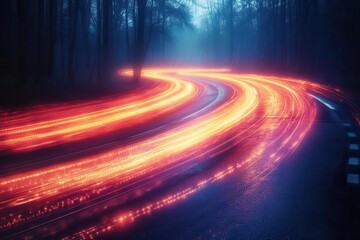 vibrant light trails on a dark road resembling speeding neon stripes that create a sense of motion embodying a futuristic vibe with bright curves and sharp contrasts capturing the essence of speed