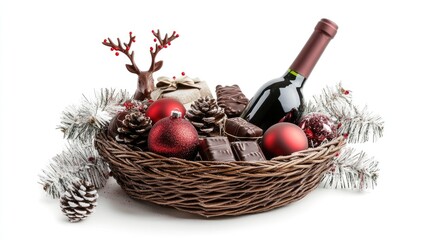 Festive wicker gift basket featuring a bottle of wine, chocolates, and Christmas decorations like reindeer ornaments and tinsel, isolated on white.