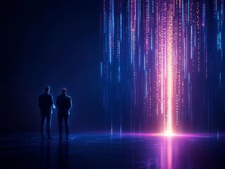 Two silhouetted figures in a futuristic digital environment.