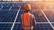 © Virtual Art Studio - A construction worker in an orange safety vest and hard hat stands on a solar panel field, surveying the vast expanse of clean energy.
