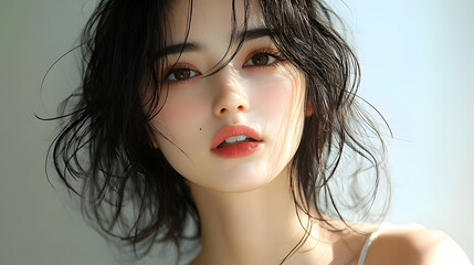 Canvas Print - Close-Up Portrait of a Woman with Wavy Hair and Soft Lighting