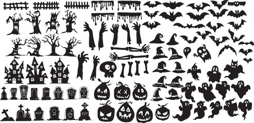 Collection of halloween silhouettes icon and character., witch, creepy and spooky elements for halloween decorations, silhouettes, sketch, icon, sticker. Hand drawn vector illustration - Vector