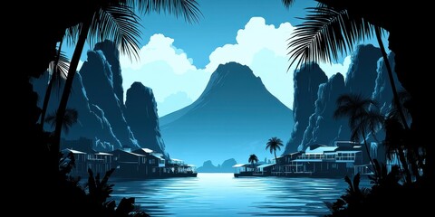 Wall Mural - Stunning Tropical Island Paradise with Mountains and Palm Trees at Sunset Casting a Serene Blue Glow Over Water