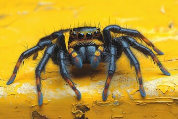 vibrant scorpiontailed spider crawls gracefully on a bright yellow surface showcasing its unique features and colors this closeup illustration highlights the beauty of natures details