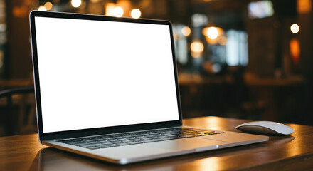 Laptop computer with a blank white screen on a table in cafe background.