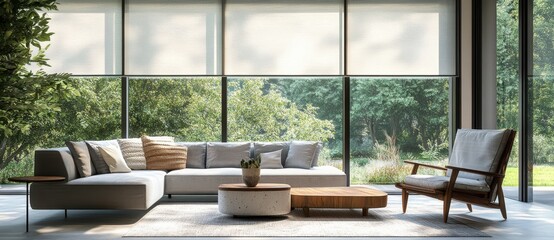 A living room with three roller blinds on the large window, a modern-style sofa and armchair in light gray color, a coffee table made of wood and concrete, and soft daylight filtering through the outs