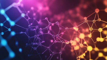 Poster - Colorful abstract background showcasing complex molecules and chemical structures in a vibrant blend of light. Generative AI