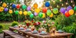 © Supittra - Vibrant outdoor celebration setting with colorful balloons, Twinkling string lights, and lush greenery surrounding a