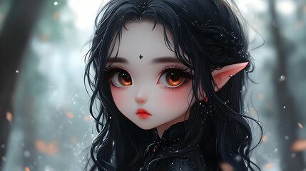 Poster - Anime Girl with Long Black Hair and Orange Eyes