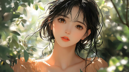 Wall Mural - Anime Girl with Brown Eyes and Long Black Hair in a Forest