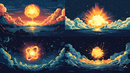 Four different images of a star exploding in the sky. The first image shows a star exploding in the sky with a large explosion