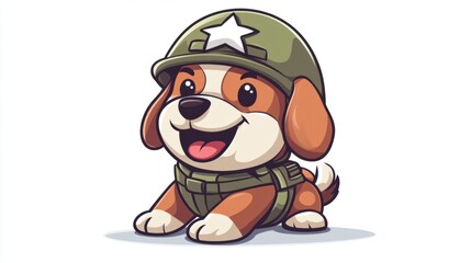 Cute army dog mascot in cartoon style, wearing a helmet and wagging its tail, isolated on a white background.