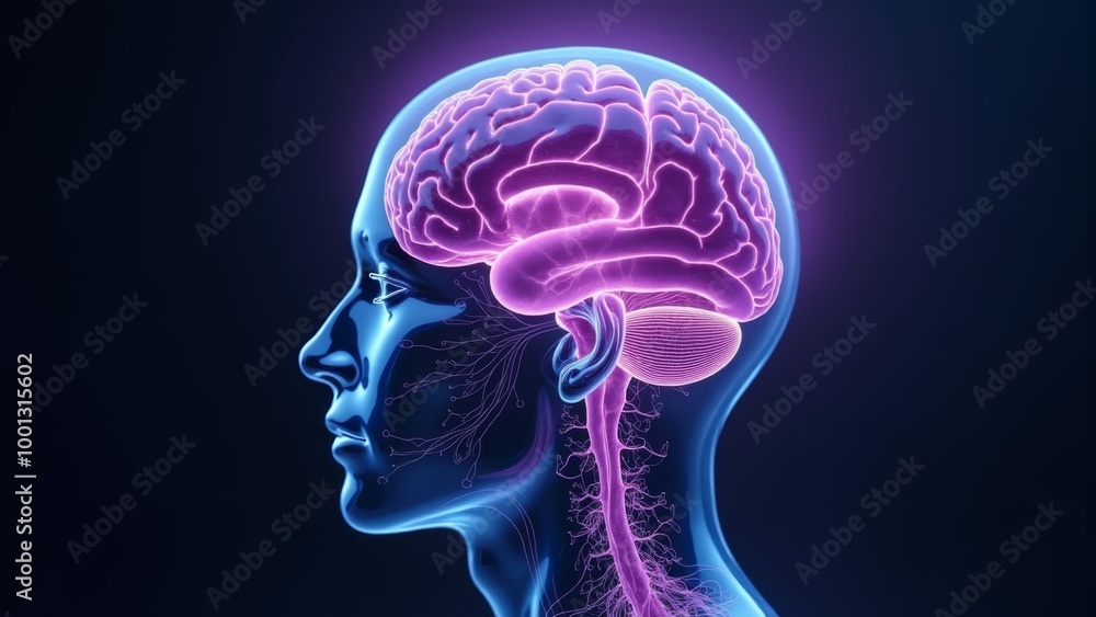 Generative AI, a human head with a glowing brain in the middle of it's ...