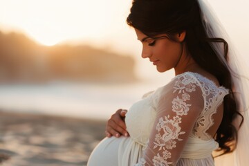 Expectant Mother in White Dress: A Portrait of Pregnancy, Motherhood, and Baby Expectations on the Beach