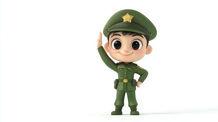 Wall Mural - Cute cartoon soldier in green uniform saluting with a big smile, isolated on a white background, with large round eyes.