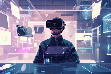 Poster - A virtual reality designer engaged in 3D modeling in a modern studio filled with floating digital objects. Generative AI