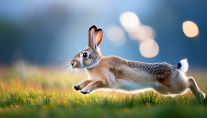 fast running rabbit in grass, side, blue and white bokeh background, highly detailed