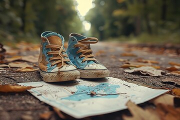 A pair of dirty sneakers are on a piece of paper with a map