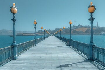 A long pier with a blue sky above and a body of water below