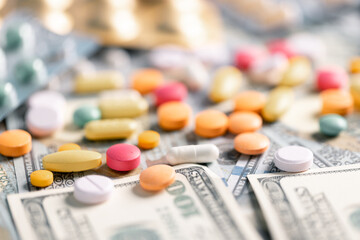 Wall Mural - Medical business, a doctor carefully manages the money for each dose of medication, ensuring that even narcotic prescriptions are given against a backdrop of responsible health care. medicine, money.