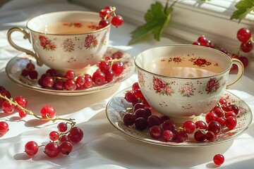 Two cups with red berries on top of them