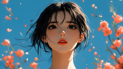 Poster - Anime Girl with Pink Blossoms in the Wind