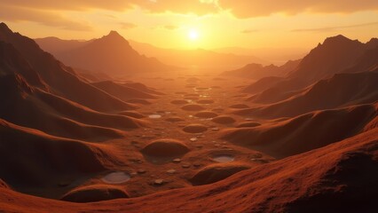 Generative AI, a view of a valley with a river running through it at sunset or sunrise or sunset time, with a few clouds, unreal 5, a matte painting, photorealism
