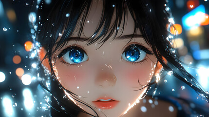 Wall Mural - Anime Girl with Blue Eyes in the Rain