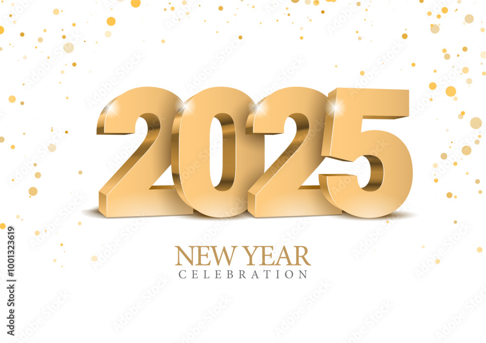 Gold 3D numbers 2025 on shiny confetti background. Design of 2025 lettering with sans serif bold