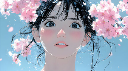 Poster - Anime Girl with Pink Flowers in Her Hair