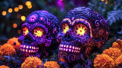 Colorful sugar skulls adorned with intricate patterns bring vibrant energy to a festive celebration, surrounded by marigolds and lights