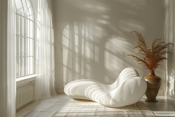 A white couch is in a room with a window and a vase