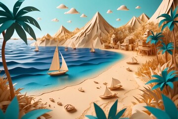 Paper cut tropical beach landscape with sailing boats illustration, seasonal summer travel theme concept texture design. 
