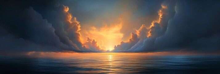 Canvas Print - A breathtaking sunset over the ocean with dramatic golden clouds creating a mesmerizing scene. The clouds resemble a majestic gateway to the horizon, symbolizing hope, renewal, and the beauty of natur