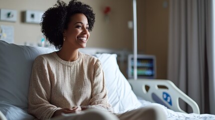 Wall Mural - A woman is smiling and sitting on a hospital bed