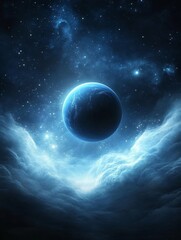 Poster - A captivating image of a blue planet in a cosmic landscape, enveloped in a swirling sea of luminous clouds.  The planet is illuminated by the glow of distant stars, creating an ethereal and mysterious