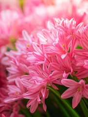 Canvas Print - A close-up image showcasing a cluster of delicate pink flowers with vibrant green stems, symbolizing beauty, growth, nature, fragility, and grace.